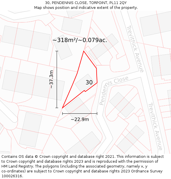 30, PENDENNIS CLOSE, TORPOINT, PL11 2QY: Plot and title map