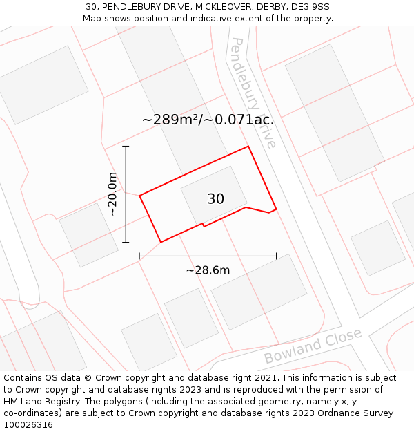 30, PENDLEBURY DRIVE, MICKLEOVER, DERBY, DE3 9SS: Plot and title map