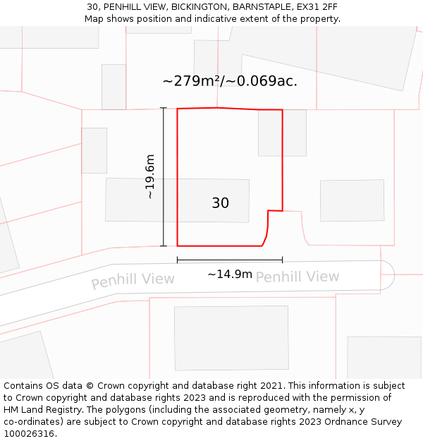 30, PENHILL VIEW, BICKINGTON, BARNSTAPLE, EX31 2FF: Plot and title map