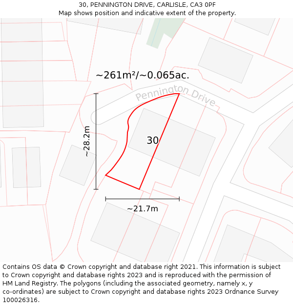 30, PENNINGTON DRIVE, CARLISLE, CA3 0PF: Plot and title map