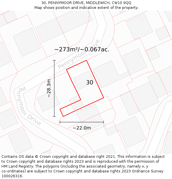 30, PENNYMOOR DRIVE, MIDDLEWICH, CW10 9QQ: Plot and title map