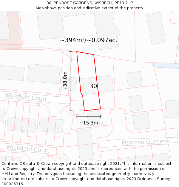 30, PENROSE GARDENS, WISBECH, PE13 2HP: Plot and title map