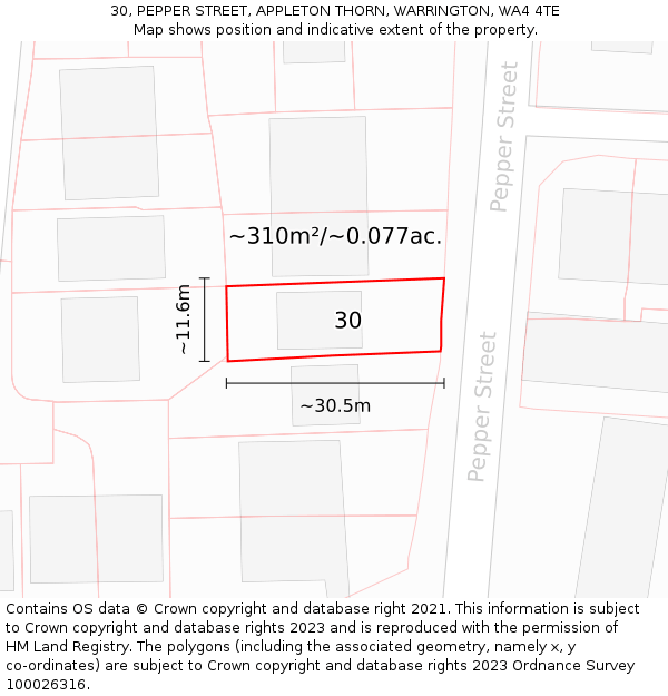30, PEPPER STREET, APPLETON THORN, WARRINGTON, WA4 4TE: Plot and title map
