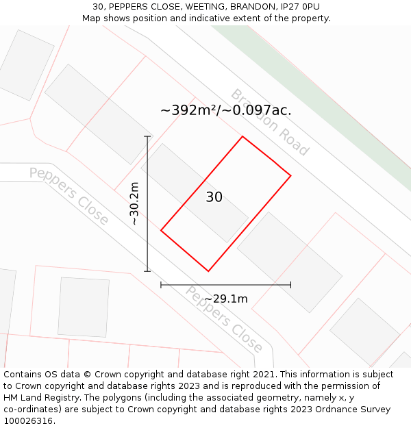 30, PEPPERS CLOSE, WEETING, BRANDON, IP27 0PU: Plot and title map