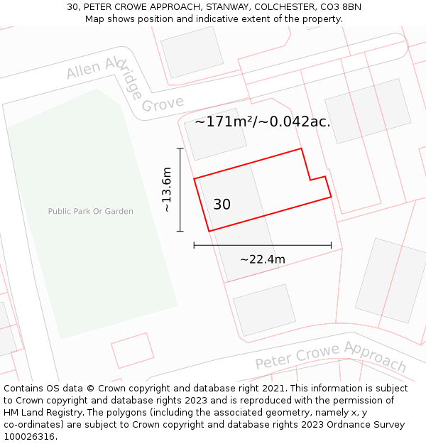 30, PETER CROWE APPROACH, STANWAY, COLCHESTER, CO3 8BN: Plot and title map