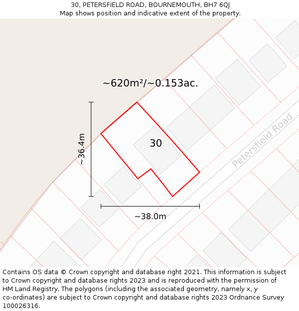 30, PETERSFIELD ROAD, BOURNEMOUTH, BH7 6QJ: Plot and title map
