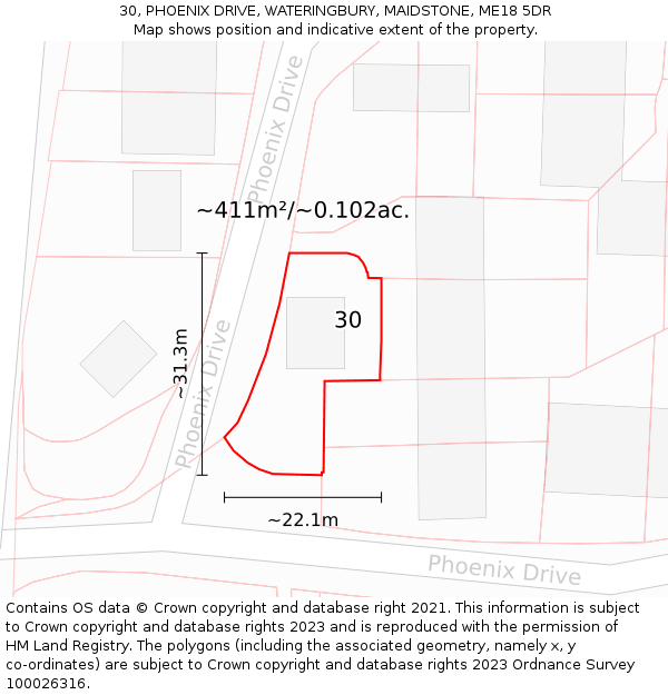 30, PHOENIX DRIVE, WATERINGBURY, MAIDSTONE, ME18 5DR: Plot and title map