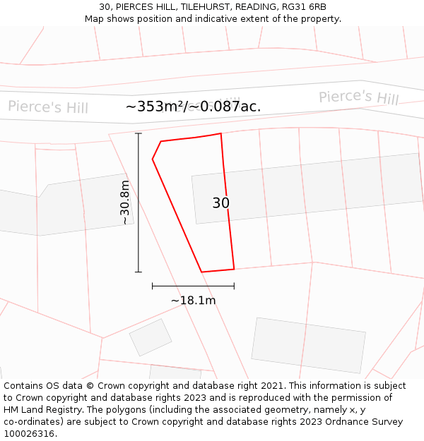 30, PIERCES HILL, TILEHURST, READING, RG31 6RB: Plot and title map