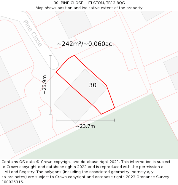 30, PINE CLOSE, HELSTON, TR13 8QG: Plot and title map