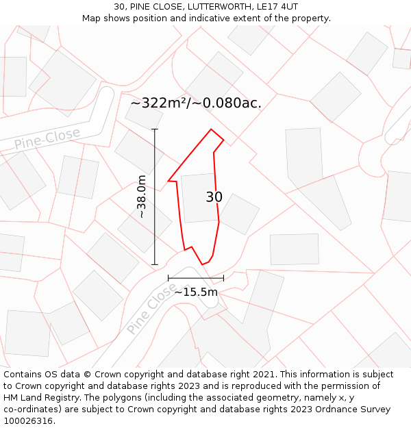 30, PINE CLOSE, LUTTERWORTH, LE17 4UT: Plot and title map