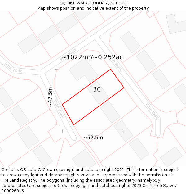 30, PINE WALK, COBHAM, KT11 2HJ: Plot and title map