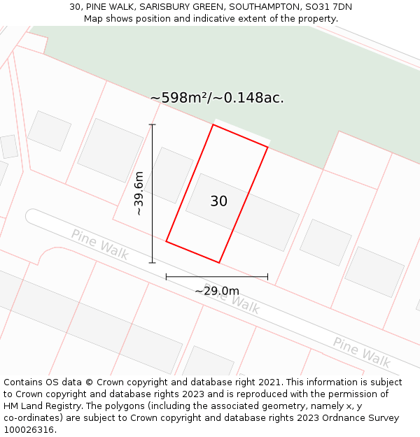 30, PINE WALK, SARISBURY GREEN, SOUTHAMPTON, SO31 7DN: Plot and title map