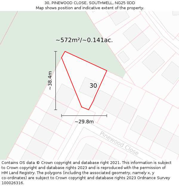 30, PINEWOOD CLOSE, SOUTHWELL, NG25 0DD: Plot and title map