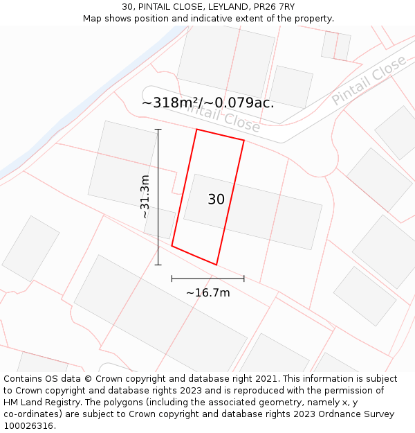 30, PINTAIL CLOSE, LEYLAND, PR26 7RY: Plot and title map
