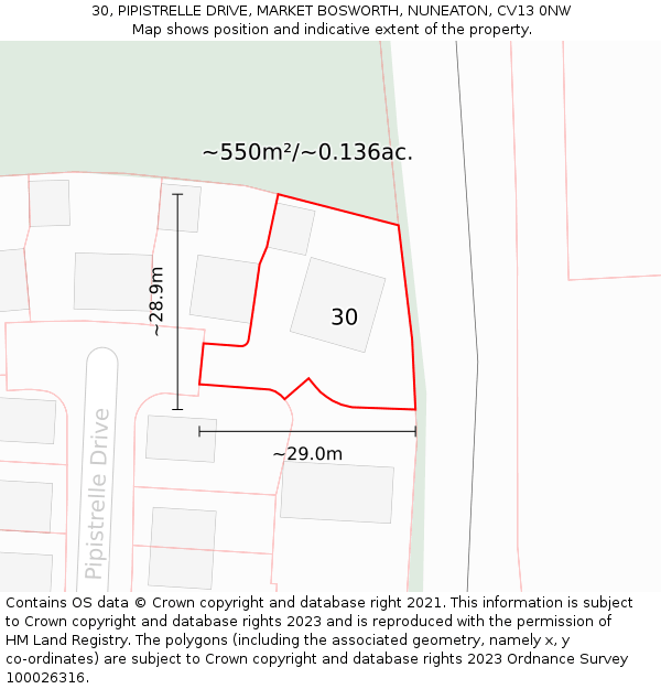 30, PIPISTRELLE DRIVE, MARKET BOSWORTH, NUNEATON, CV13 0NW: Plot and title map