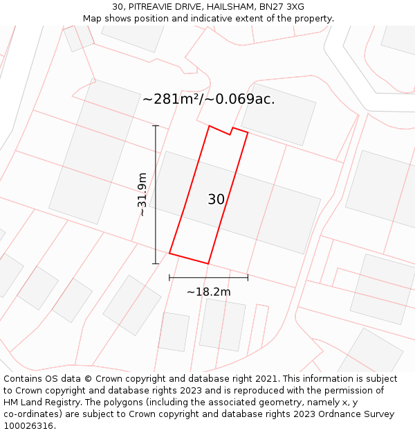 30, PITREAVIE DRIVE, HAILSHAM, BN27 3XG: Plot and title map