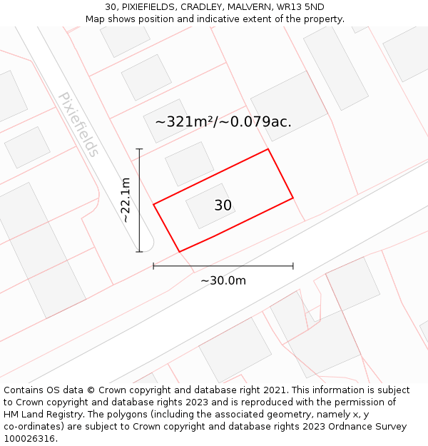 30, PIXIEFIELDS, CRADLEY, MALVERN, WR13 5ND: Plot and title map