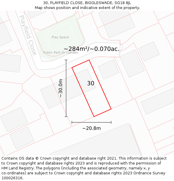 30, PLAYFIELD CLOSE, BIGGLESWADE, SG18 8JL: Plot and title map