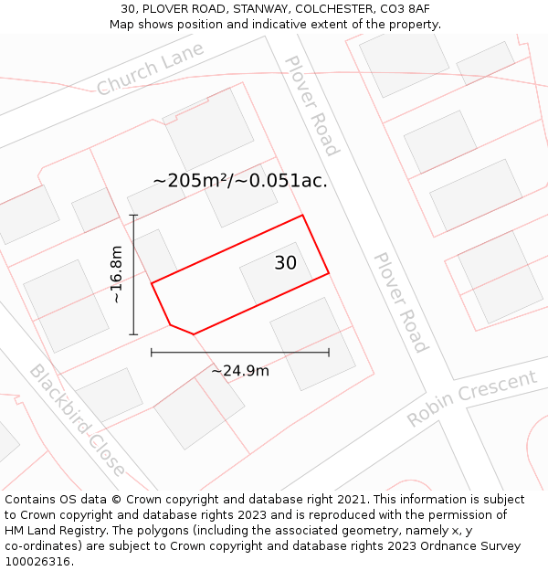 30, PLOVER ROAD, STANWAY, COLCHESTER, CO3 8AF: Plot and title map
