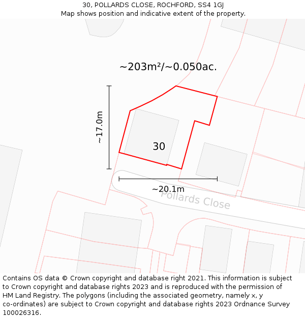 30, POLLARDS CLOSE, ROCHFORD, SS4 1GJ: Plot and title map