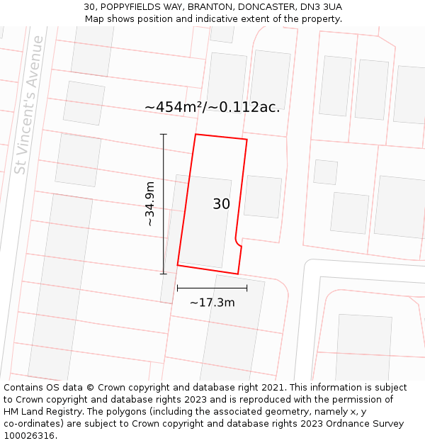 30, POPPYFIELDS WAY, BRANTON, DONCASTER, DN3 3UA: Plot and title map