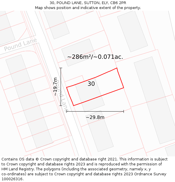 30, POUND LANE, SUTTON, ELY, CB6 2PR: Plot and title map