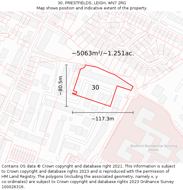30, PRIESTFIELDS, LEIGH, WN7 2RG: Plot and title map