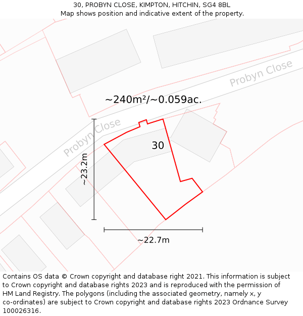 30, PROBYN CLOSE, KIMPTON, HITCHIN, SG4 8BL: Plot and title map
