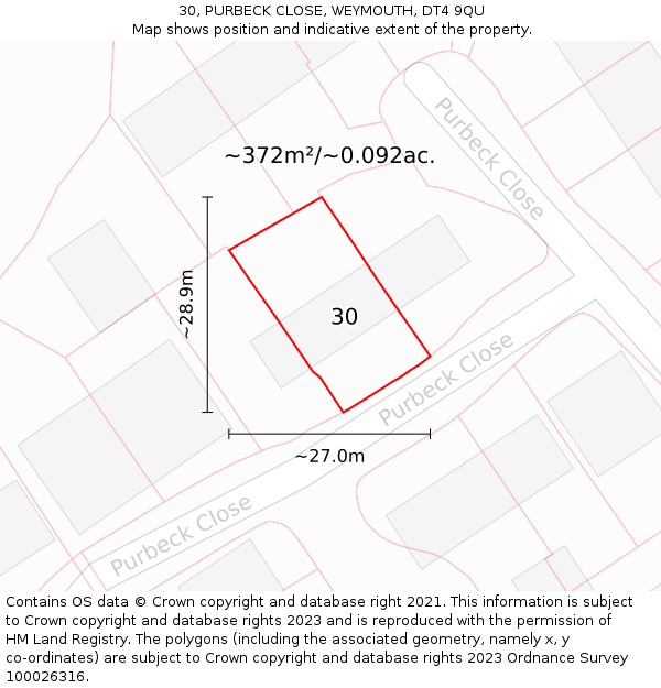 30, PURBECK CLOSE, WEYMOUTH, DT4 9QU: Plot and title map