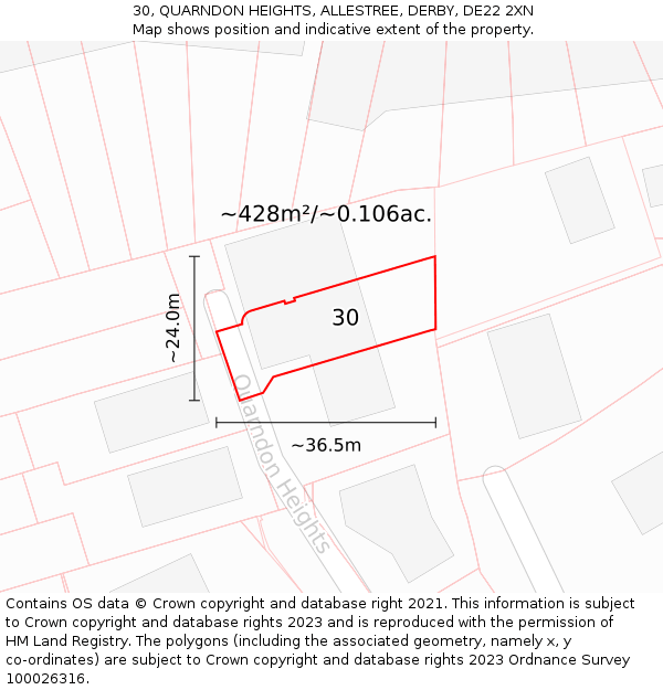 30, QUARNDON HEIGHTS, ALLESTREE, DERBY, DE22 2XN: Plot and title map