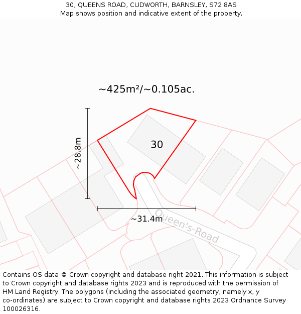 30, QUEENS ROAD, CUDWORTH, BARNSLEY, S72 8AS: Plot and title map