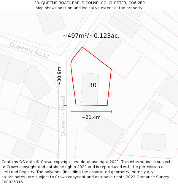 30, QUEENS ROAD, EARLS COLNE, COLCHESTER, CO6 2RP: Plot and title map