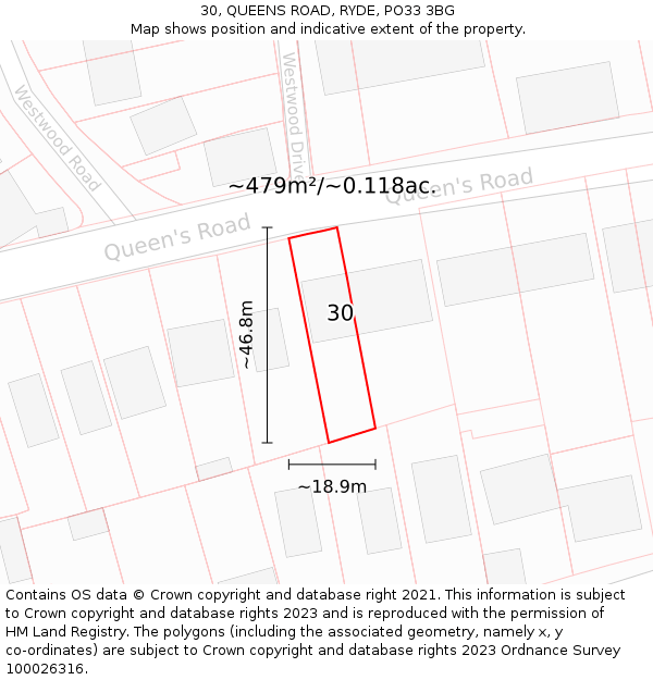30, QUEENS ROAD, RYDE, PO33 3BG: Plot and title map