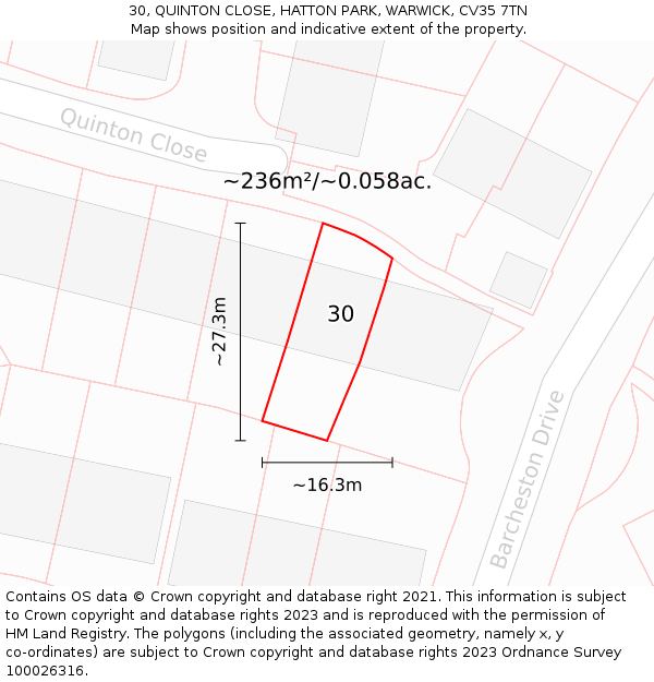 30, QUINTON CLOSE, HATTON PARK, WARWICK, CV35 7TN: Plot and title map