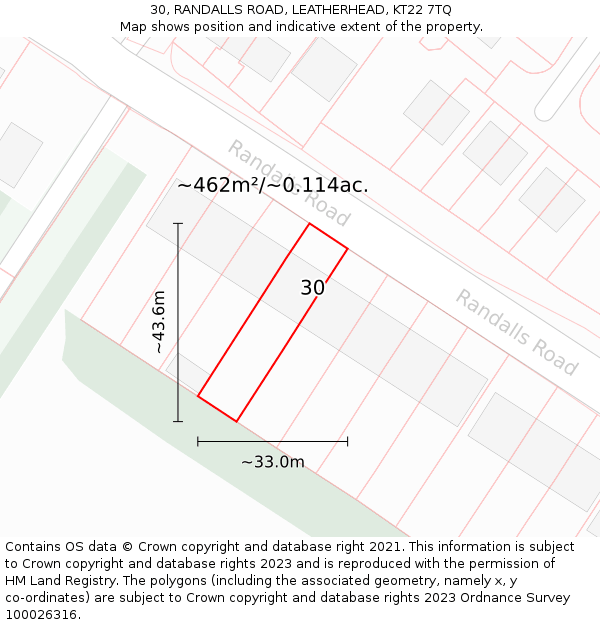 30, RANDALLS ROAD, LEATHERHEAD, KT22 7TQ: Plot and title map