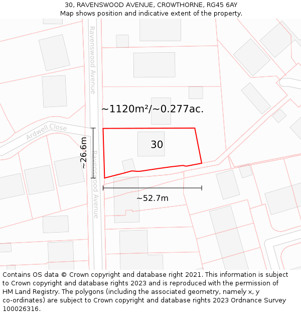 30, RAVENSWOOD AVENUE, CROWTHORNE, RG45 6AY: Plot and title map