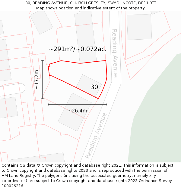 30, READING AVENUE, CHURCH GRESLEY, SWADLINCOTE, DE11 9TT: Plot and title map