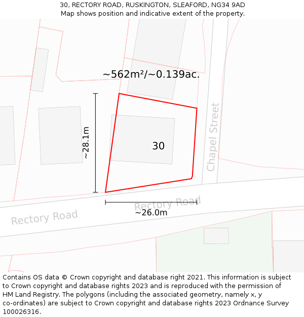 30, RECTORY ROAD, RUSKINGTON, SLEAFORD, NG34 9AD: Plot and title map