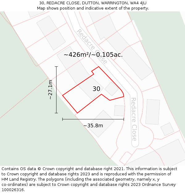 30, REDACRE CLOSE, DUTTON, WARRINGTON, WA4 4JU: Plot and title map