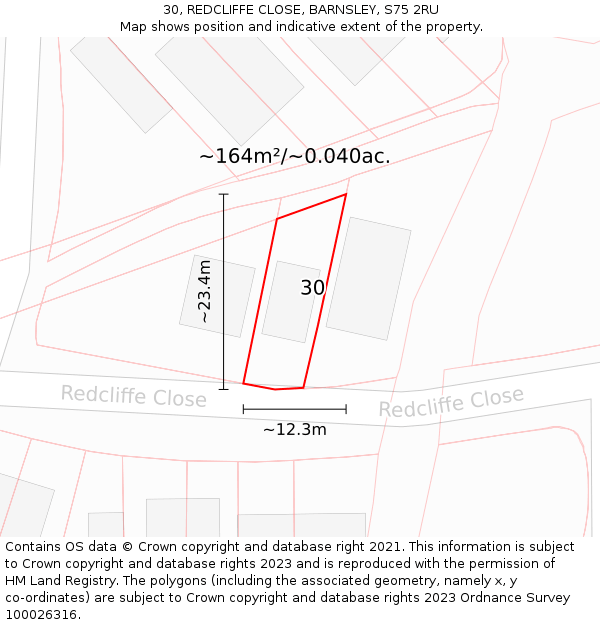 30, REDCLIFFE CLOSE, BARNSLEY, S75 2RU: Plot and title map
