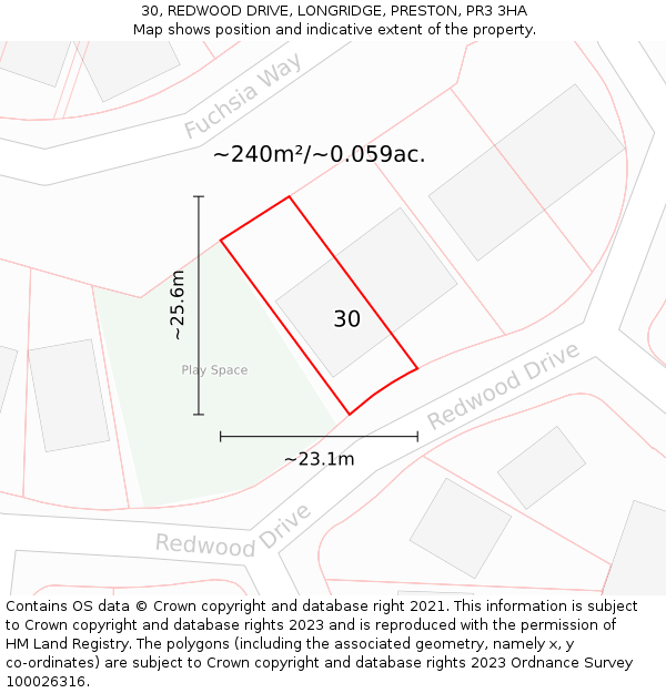 30, REDWOOD DRIVE, LONGRIDGE, PRESTON, PR3 3HA: Plot and title map