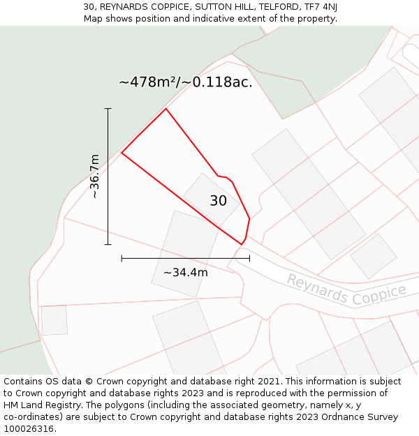 30, REYNARDS COPPICE, SUTTON HILL, TELFORD, TF7 4NJ: Plot and title map
