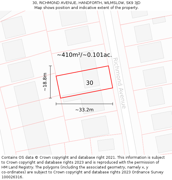 30, RICHMOND AVENUE, HANDFORTH, WILMSLOW, SK9 3JD: Plot and title map