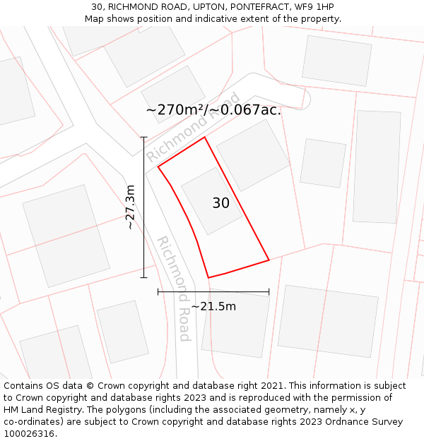 30, RICHMOND ROAD, UPTON, PONTEFRACT, WF9 1HP: Plot and title map