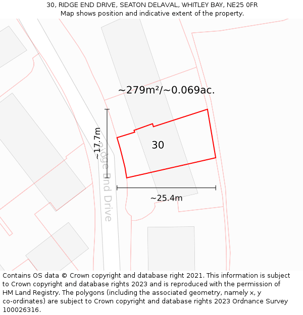 30, RIDGE END DRIVE, SEATON DELAVAL, WHITLEY BAY, NE25 0FR: Plot and title map