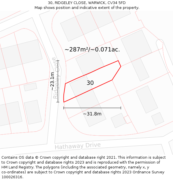 30, RIDGELEY CLOSE, WARWICK, CV34 5FD: Plot and title map