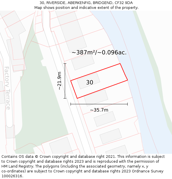 30, RIVERSIDE, ABERKENFIG, BRIDGEND, CF32 9DA: Plot and title map