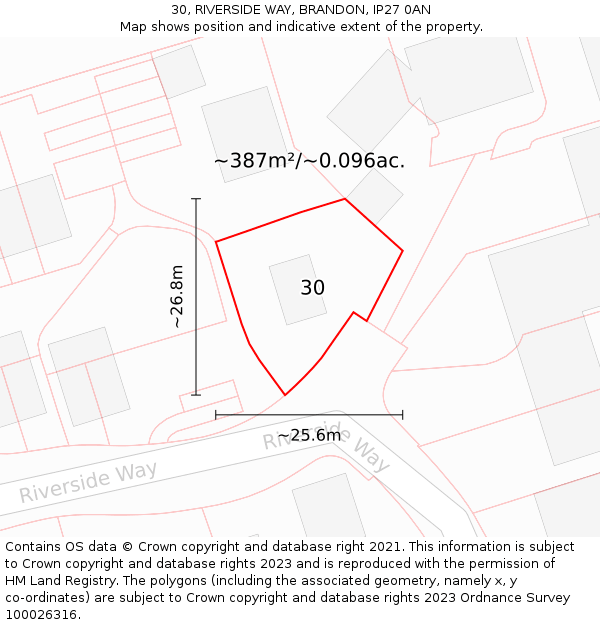 30, RIVERSIDE WAY, BRANDON, IP27 0AN: Plot and title map