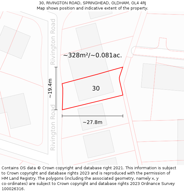 30, RIVINGTON ROAD, SPRINGHEAD, OLDHAM, OL4 4RJ: Plot and title map