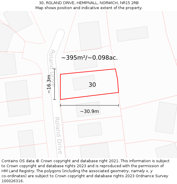 30, ROLAND DRIVE, HEMPNALL, NORWICH, NR15 2RB: Plot and title map